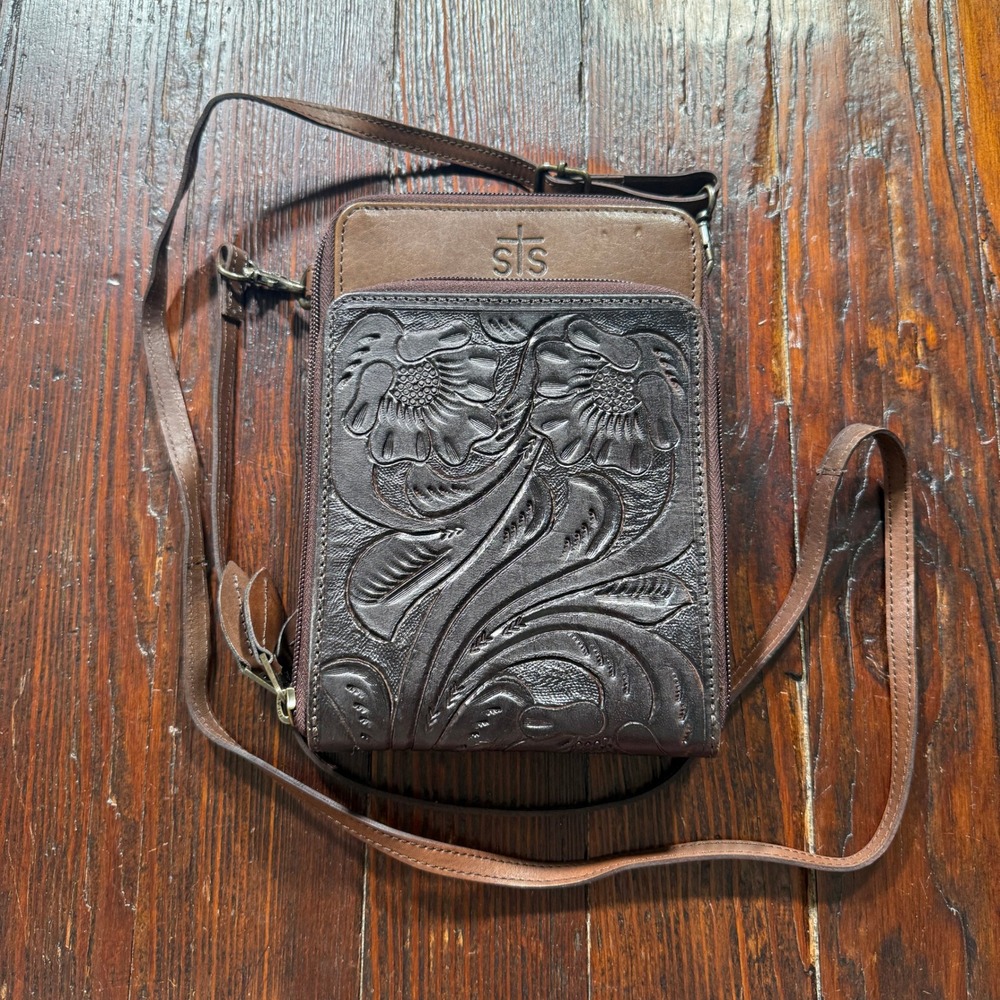 STS Ranchwear Crossbody Wallet Bag Purse Brown Tooled Floral Leather